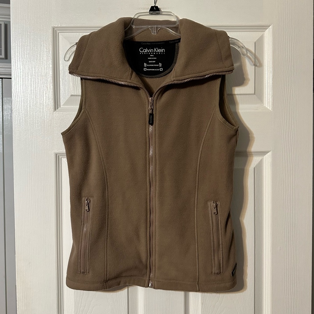 Calvin Klein Performance Womens Tan Fleece Zipper Front Vest Small Cabincore